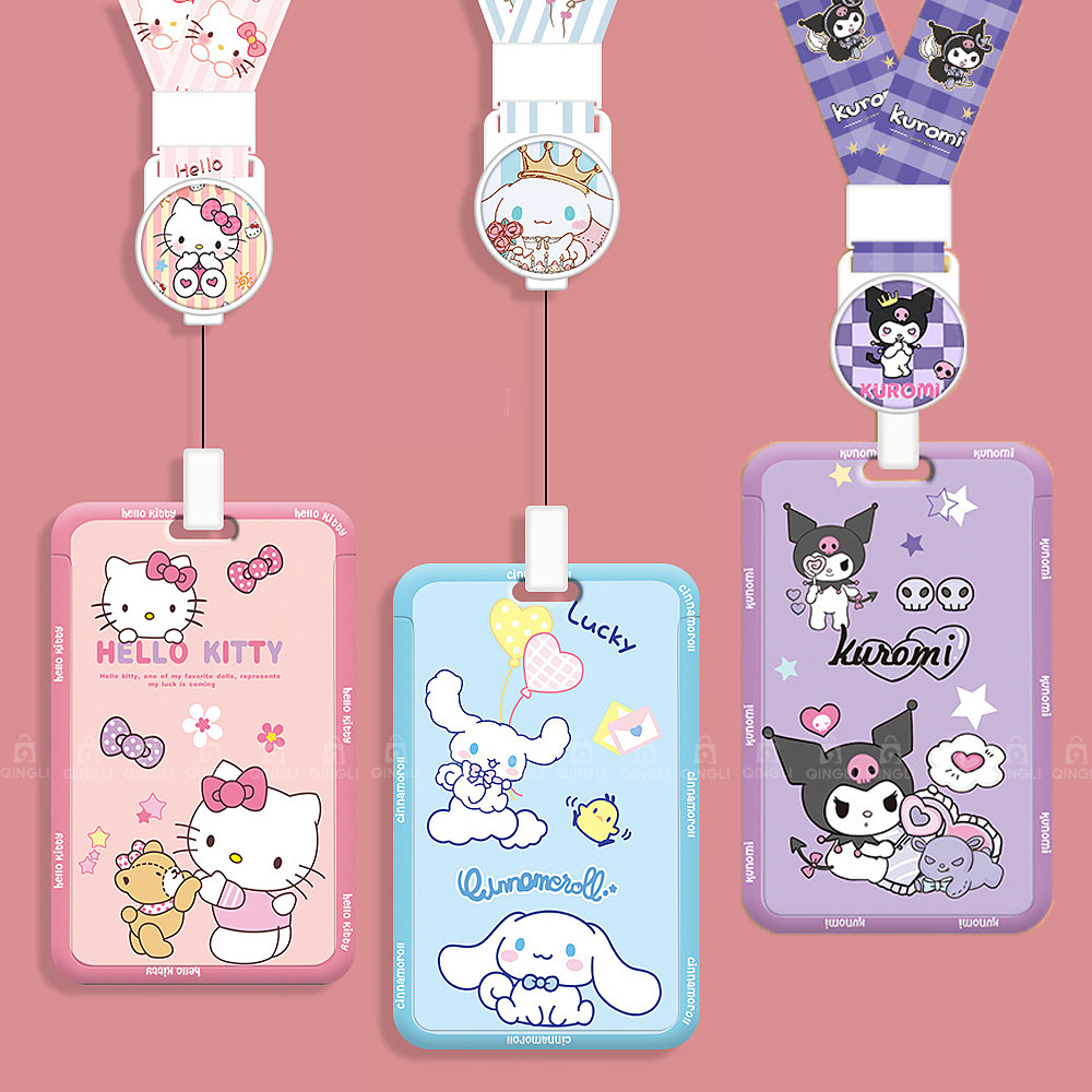 

Lovely Sanrio Hello Kitty Kuromi ID Badge Reel Card Holder Neck Lanyard Students Campus Bus Card Cover Work IC Access Card Case