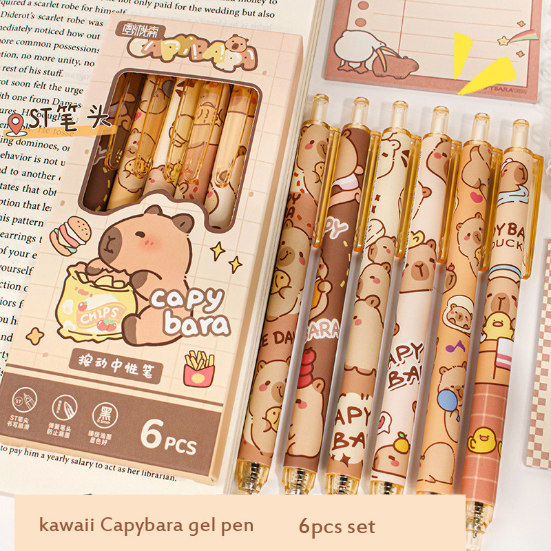 

6pcs Capybara Gel Pen Quickly Dry Black Ink Write Smoothly School Supplies Office Accessories Aesthetic Stationery Kawaii Pens