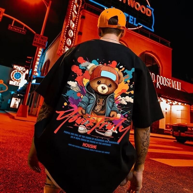 new men T shirt pullover over Korean style cartoon cowboy bear printed T-shirt casual short sleeve s