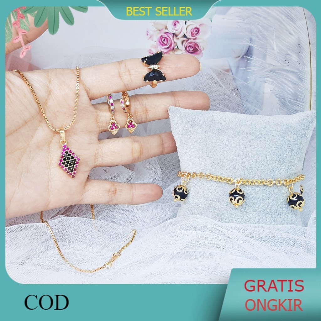 Aksesoris Wanita Xuping Set Perhiasan Kalung Anting Gelang Cincin Batu Ungu Hitam Rhodium Lapis Emas