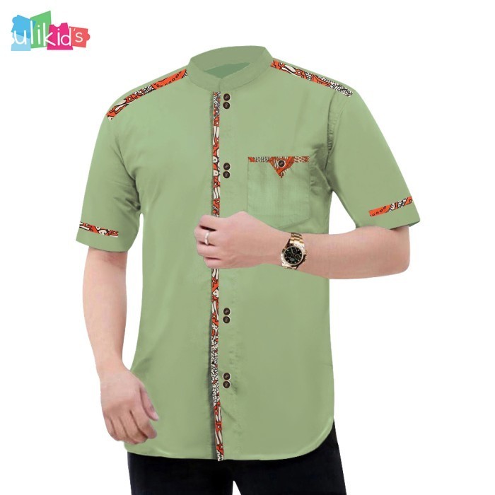 Koko MurMer_ Ulikids Baju Koko Pria Dewasa Muslim Kemeja Lengan Pendek Batik M L XL - Hijau mint, M