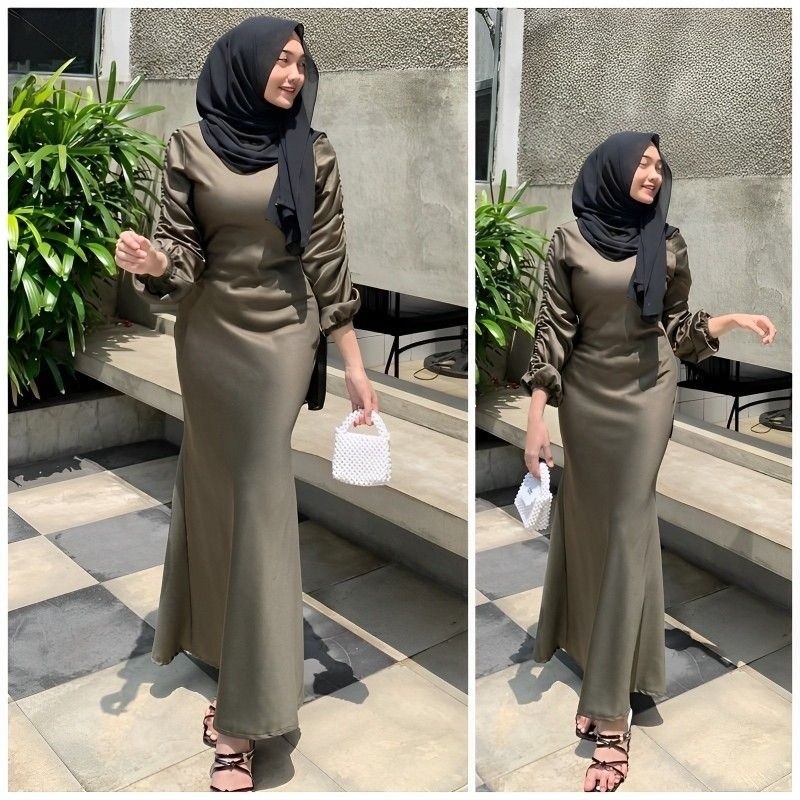 Sania Dress Satin/long Dress Satin/satin Serut Tangan/ Dress Kondangan Hijab/bridesmaid/gamis Lebara