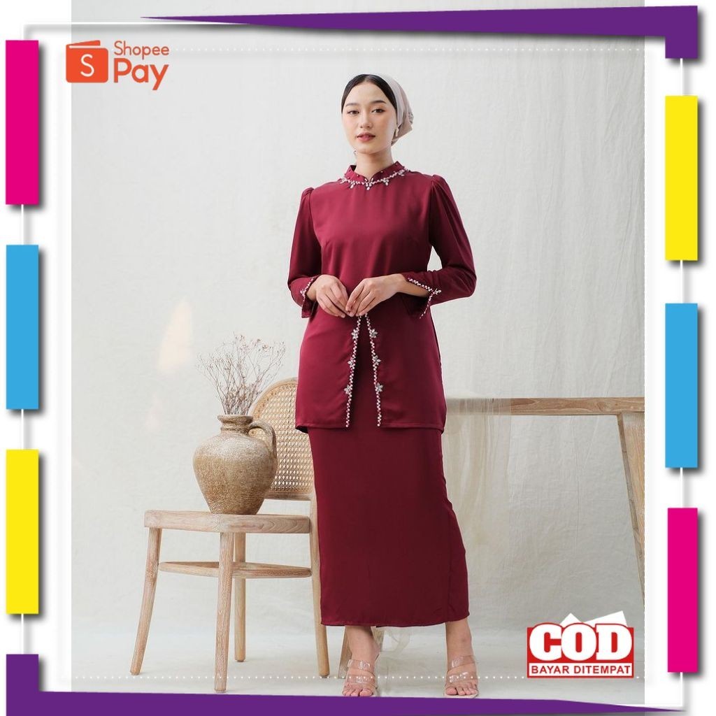 KAIN LEMBUT HALUS ADEM TEBAL / NEW ARRIVAL - Eliza Kurung Melayu Maroon Produk Terbaru dengan Tampil