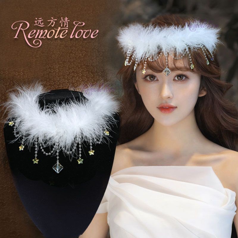 Kalung Ornamen Dahi Kristal Bulu Putih Cinta Baru Hiasan Kepala Gaya Kuno Peri Jepit Rambut Penganti