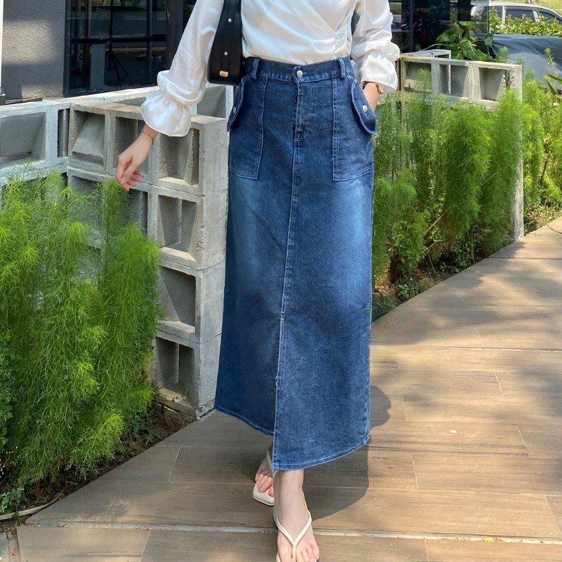 Jihyo Rok Jeans Span Skirt Bawahan Jins Panjang Maxi Wanita Remaja Kekinian Terbaru Simple Outfit Ko