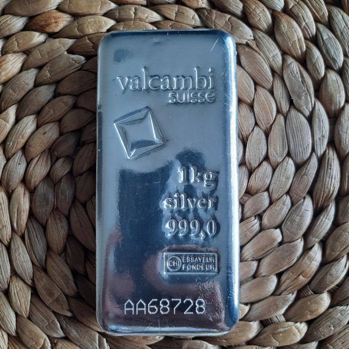 Perak Valcambi 1kg, Logam Mulia Batangan Silver, Perak Murni 1 Kilogram, Sertifikat Terverifikasi, I