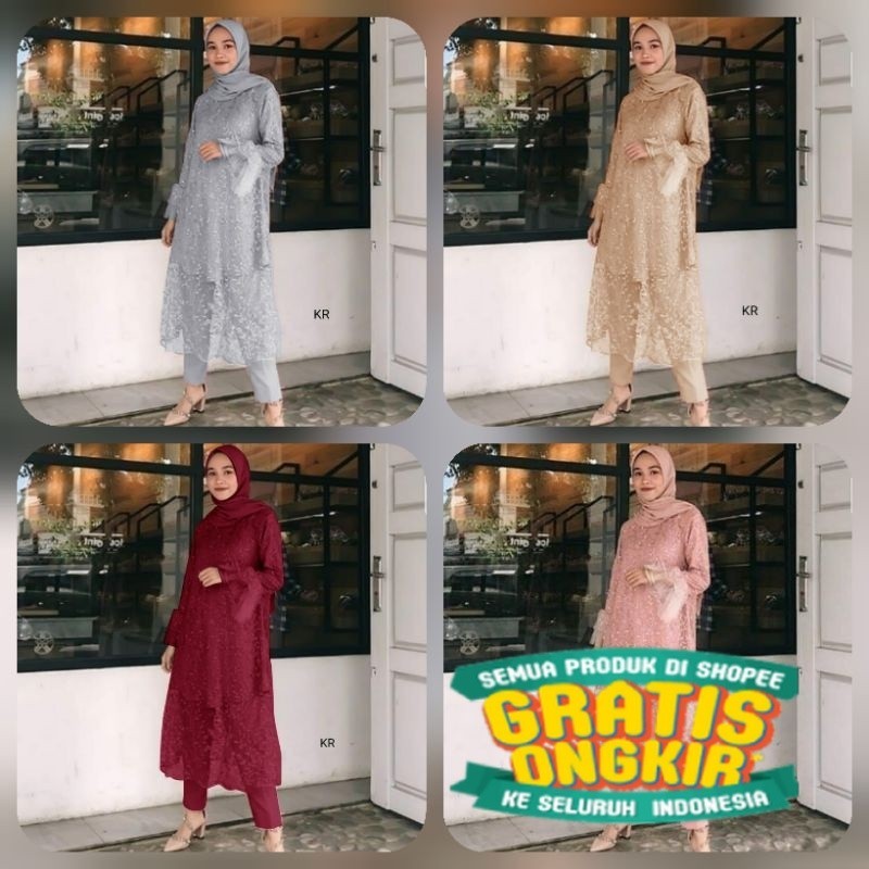 2 UKURAN L DAN XXL SET SHALOM FASHION PAKAIAN WANITA SETELAN ATASAN TUNIK BRUKAT DAN CELANA MOSCREPE