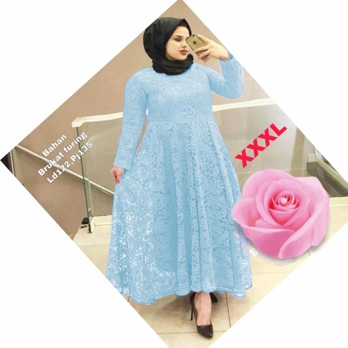 gamis pesta brukat dres Super Jumbo xxxl yunita biru muda murah