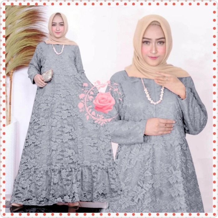 Gamis pesta brukat XXL puspa abu maxi dres brokat corneli murah -Agr