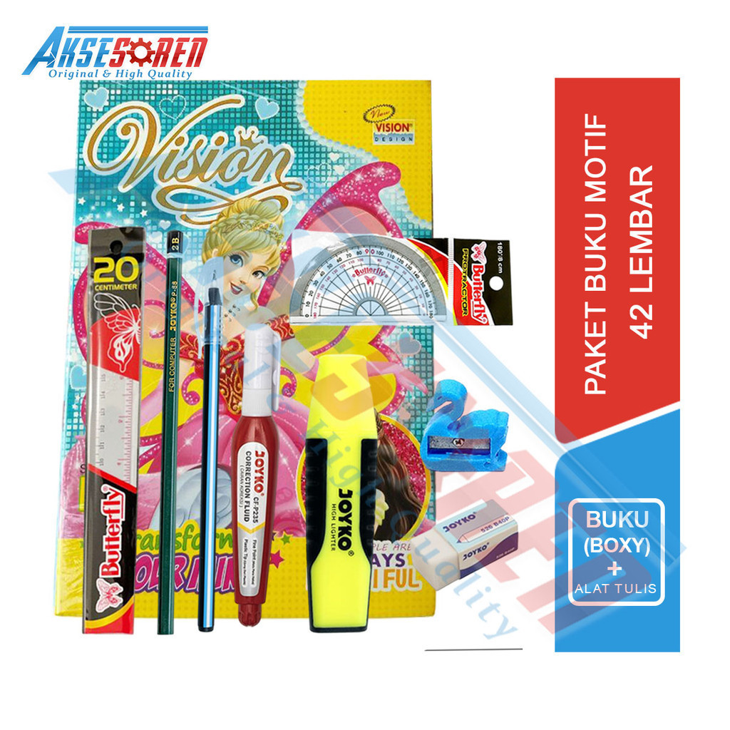 

Aksesoren Paket Buku Tulis dan Perlengkapan Sekolah [SMP / SMA /SMK] / 1 Set Alat Tulis Penggaris Busur Serutan Pensil 2b Pulpen Penghapus Tip X / Buku Panjang Karakter Motif 42 Lembar 6 Buku 1 Pack