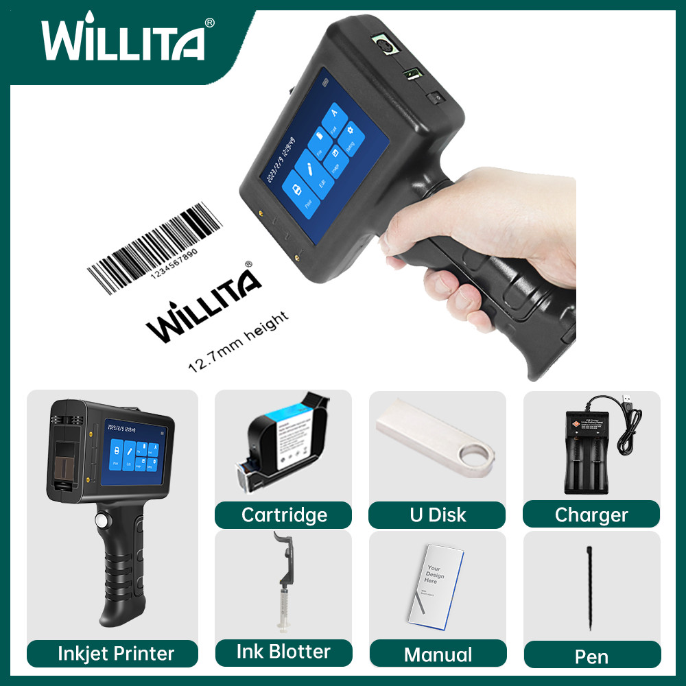 

Willita 12.7mm Handheld Inkjet Printer Gun Portable For Metal Expiry Date Barcode QR Code Batch Numbers Best Value Logo Printing