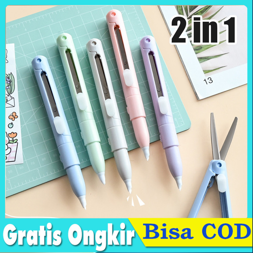 

Gunting Cutter 2 in 1 Cutter and Scissors / Gunting kertas / Gunting Multifungsi / Gunting Bentuk Pulpen / Travel size