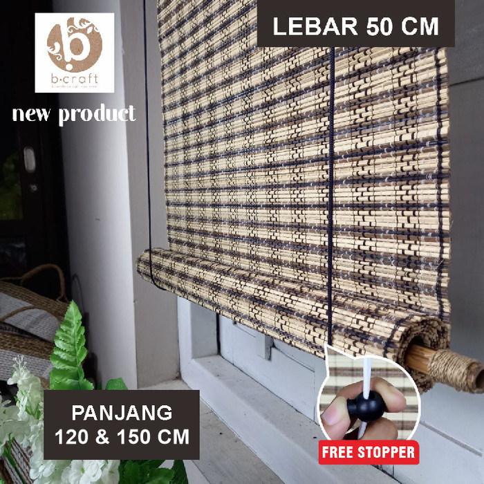 [TERMURAH] Tirai Gulung Teras Depan Rumah Tenun Lidi Motif Macan Lebar 50 Cm CUST