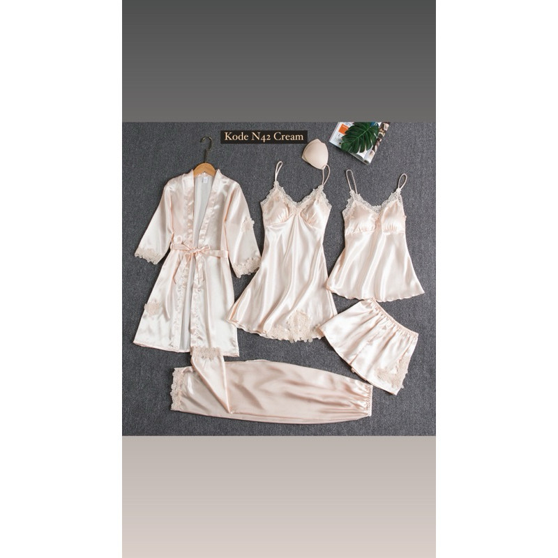 PIYAMA SET SEXY KIMONO 5 IN 1/ BAJU TIDUR SATIN WANITA / BAJU TIDUR SEXY/ LINGERIE SET KIMONO / DRES