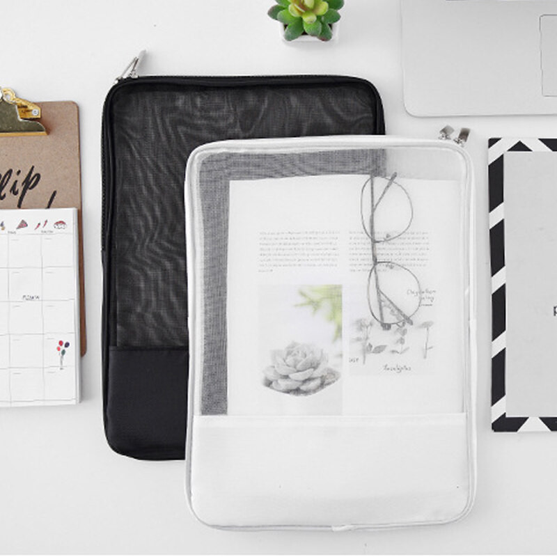 

Big Size Pocket Folders Mesh Zipper File Bag Translucent Book Storage Document Box File