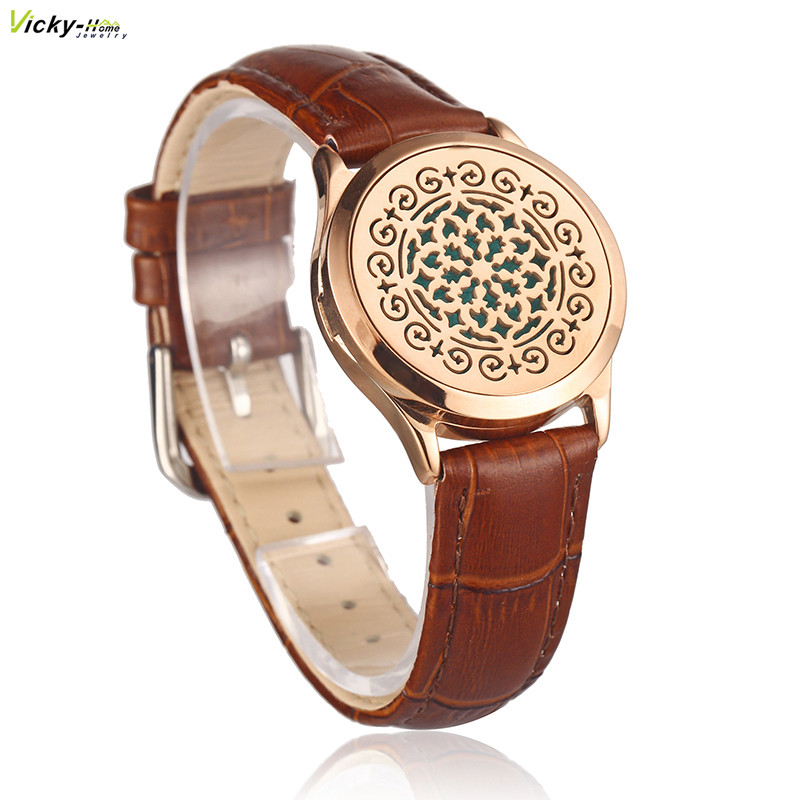 Dark Brown Genuine Leather Aroma Locket Bracelet Stainless Steel Man Woman Bangle Essential Oils Aro