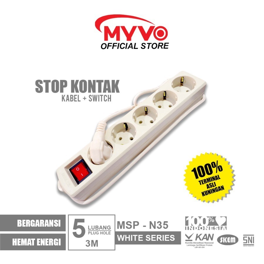 MYVO Stop Kontak 5 Lubang 3 Meter MSP-N35 Putih Asli Kuningan