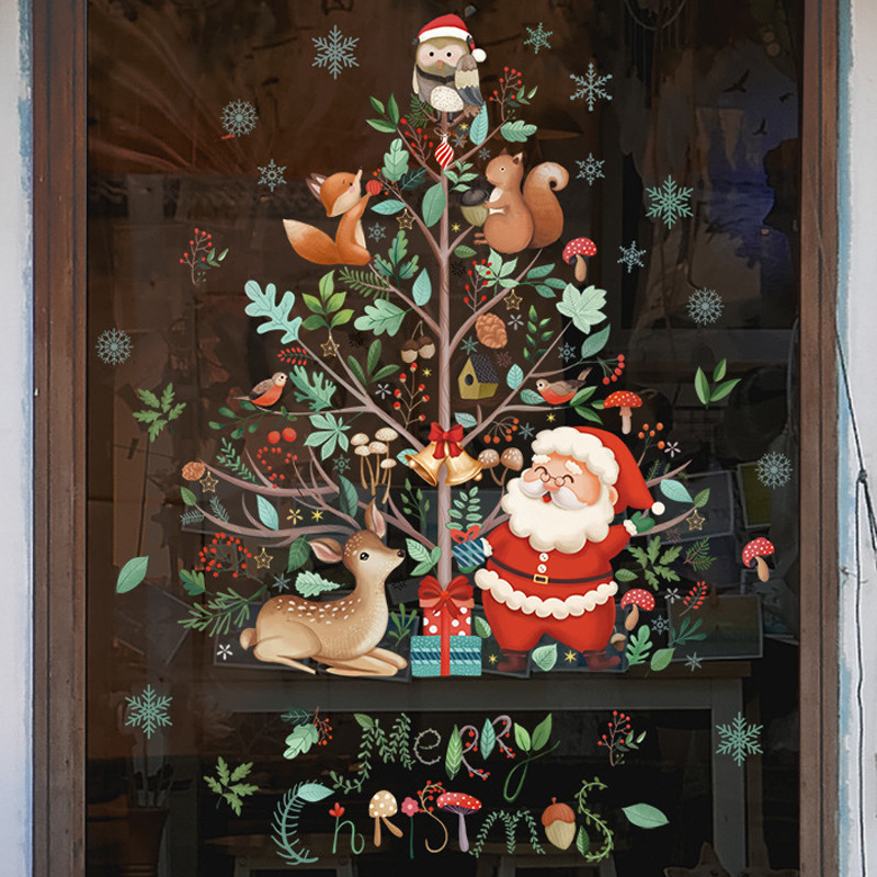 

2024 Christmas Window Stickers Santa Claus Xmas Tree Cartoon Glass Decal Merry Christmas New Year Holiday Decorations for Home
