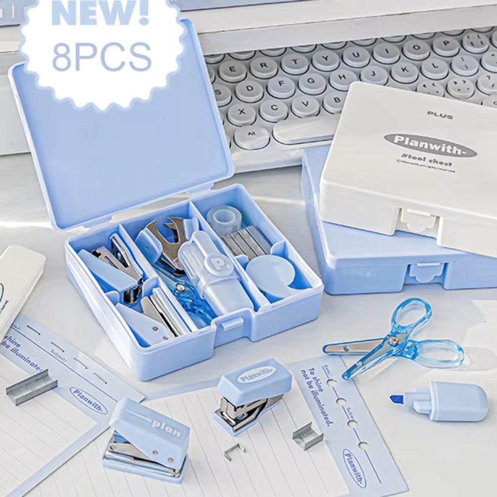 

8Pcs/Box New Kawaii Student Stationery Set Ins Mini Office Efficiency Set Multifunction Marking Pen Puncher Stapler Machine Set