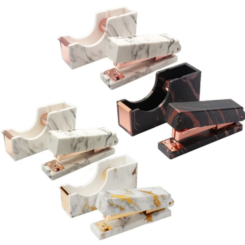 

Marble Stapler Tape Dispenser Holder Set Desktop Tape Holders Metal Core Tape Cutter Black Marbling Staplers Desk Stationery