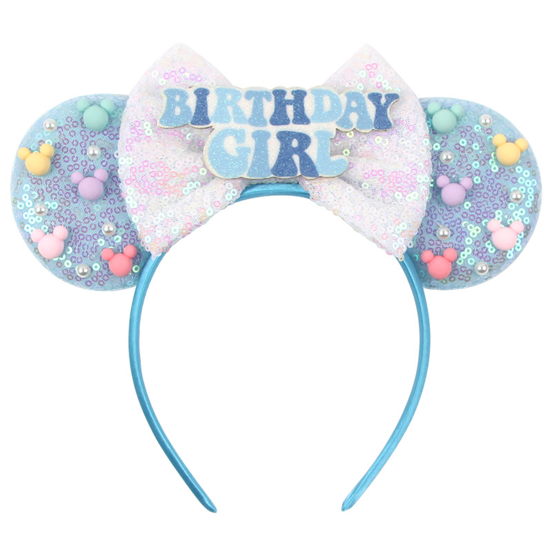 Girls Happy Birthday Minnie Mouse Ears Headbands Disney Mouse Ears Cartoon Sequin 5''Bow Hairband Ki