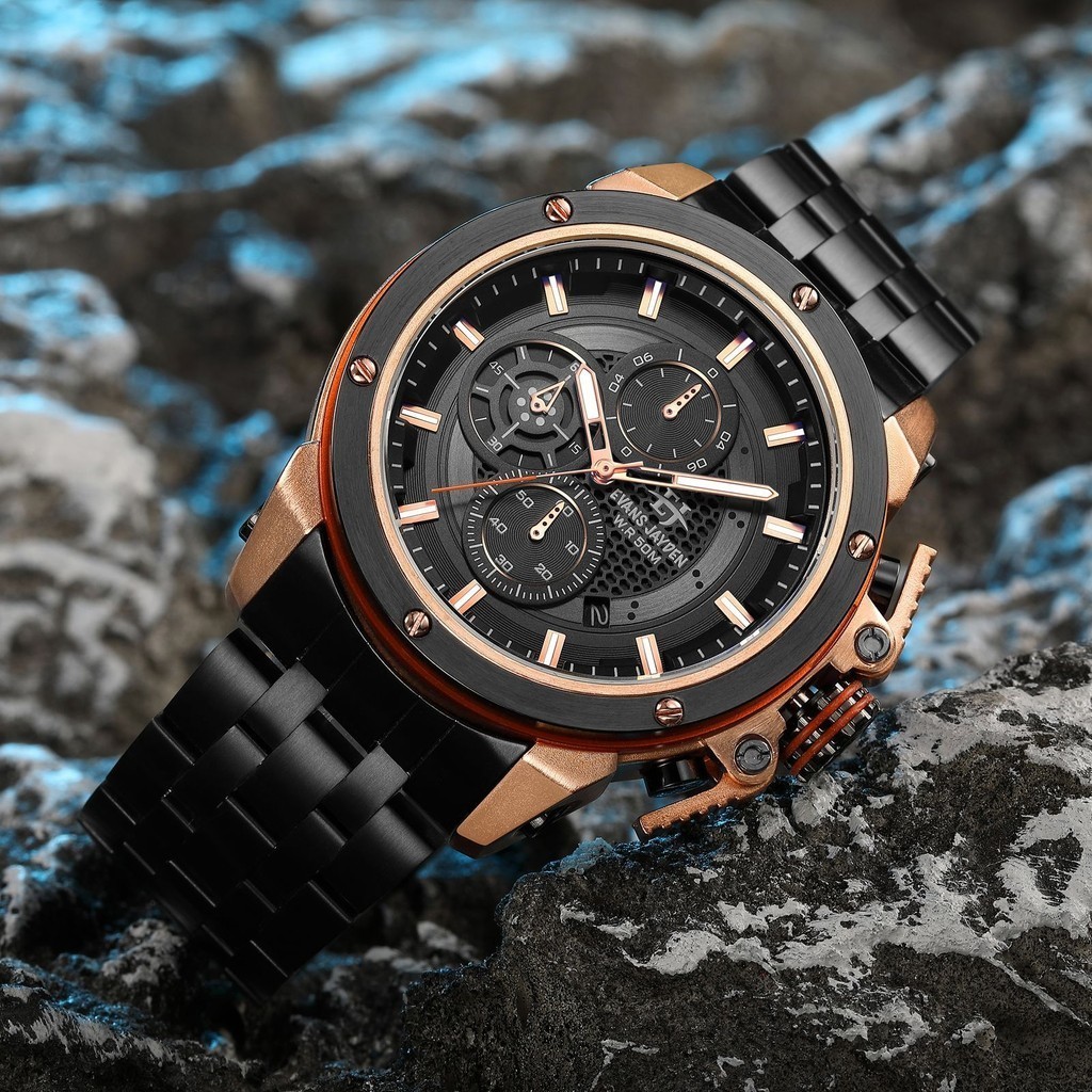 jam tangan  Evans Jayden Jam Tangan Pria 9602 Rantai Kaca Sapphire Chrono 5 ATM