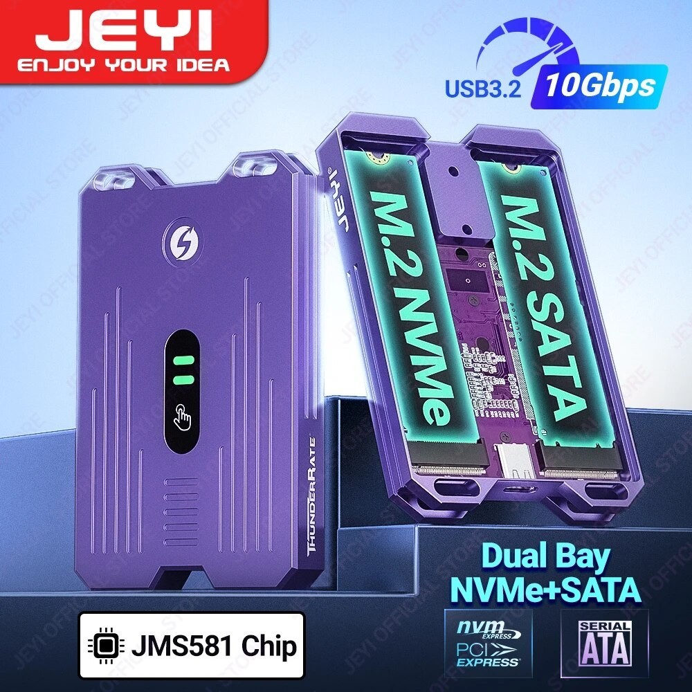 JEYI Dual Protocols SSD Enclosure (NVMe + SATA), JMS581 Chip USB 3.1 Gen2 10G Dual Bay M.2 NVMe NGFF