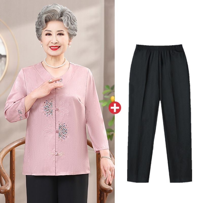 Kemeja tipis musim panas nenek, kemeja tipis wanita paruh baya dan ibu paruh baya, kemeja v-neck len