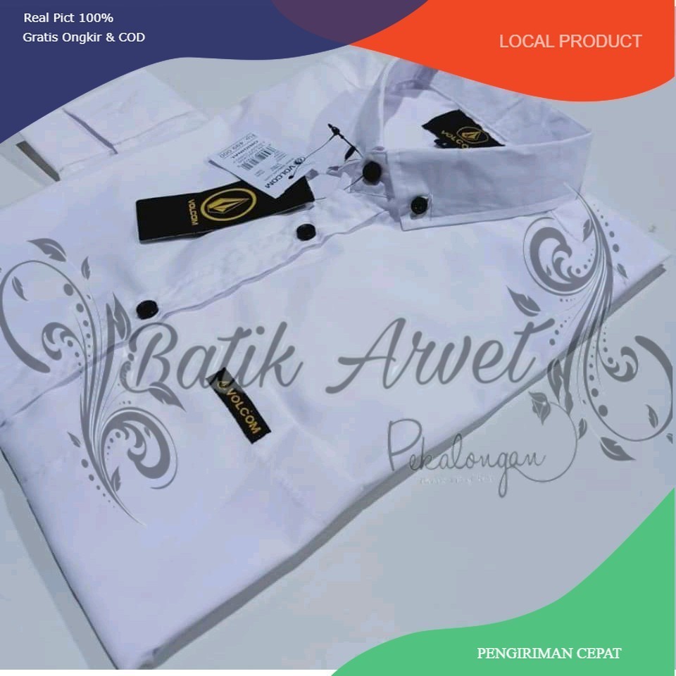 [BISA COD] Batik Arvet - Kemeja Polos Lengan Panjang Pria Warna Putih Kerah Shanghai Ciangi