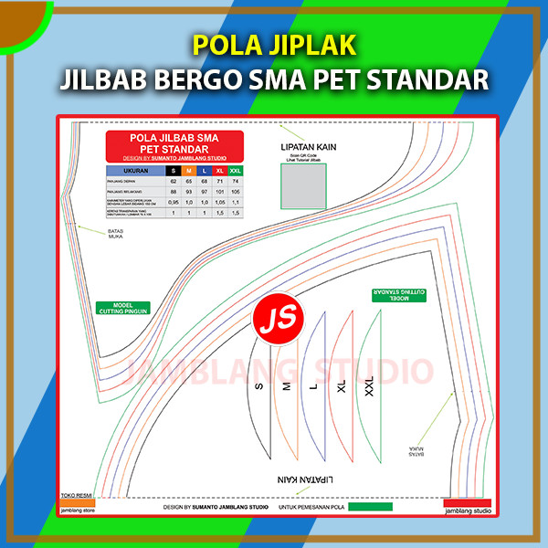 Pola Jiplak Jilbab Bergo SMA Pet Standar | Aneka Pola