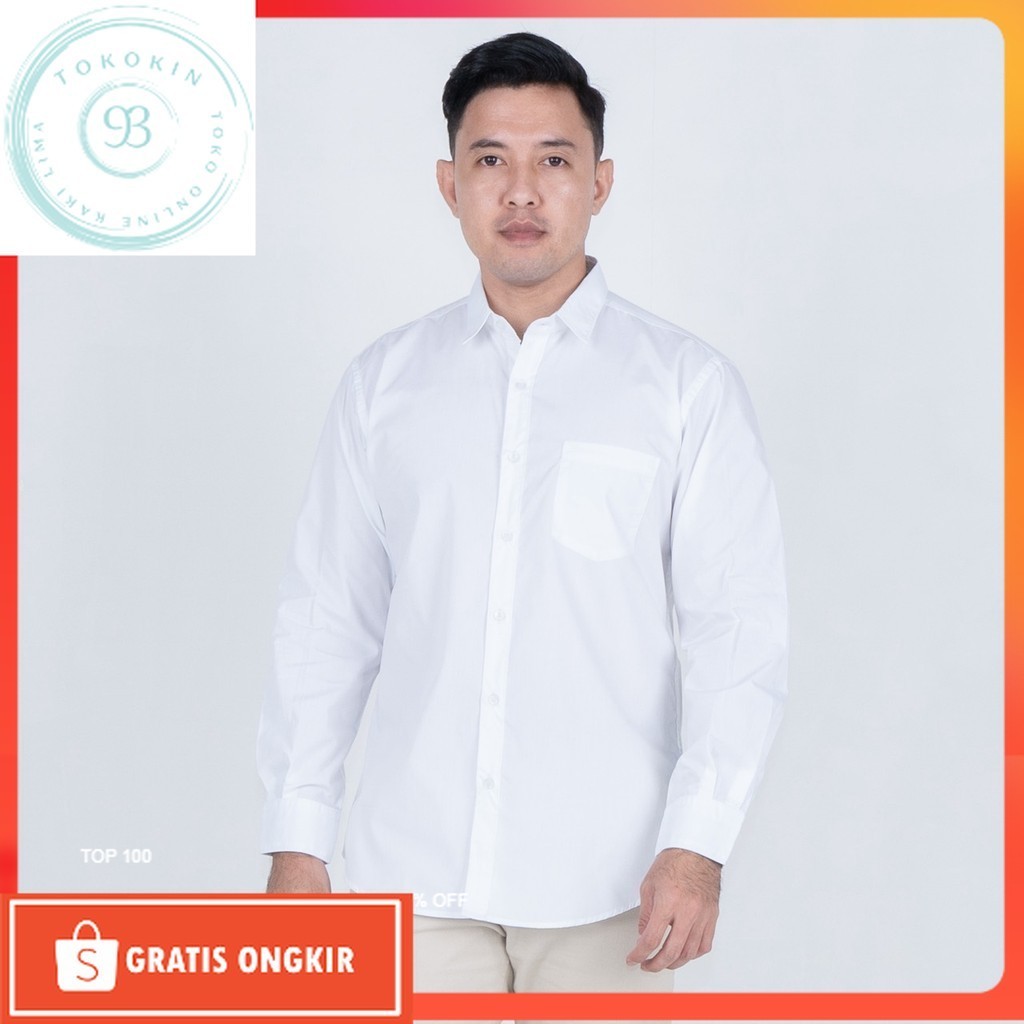Shirt Terkini / Benhill Kemeja Pria Basic Polos Panjang Katun Poplin Putih 09-16133