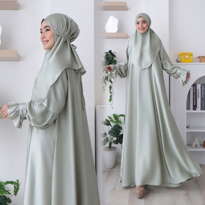 gamis syari marlita sage baju muslim pesta lebaran set hijab