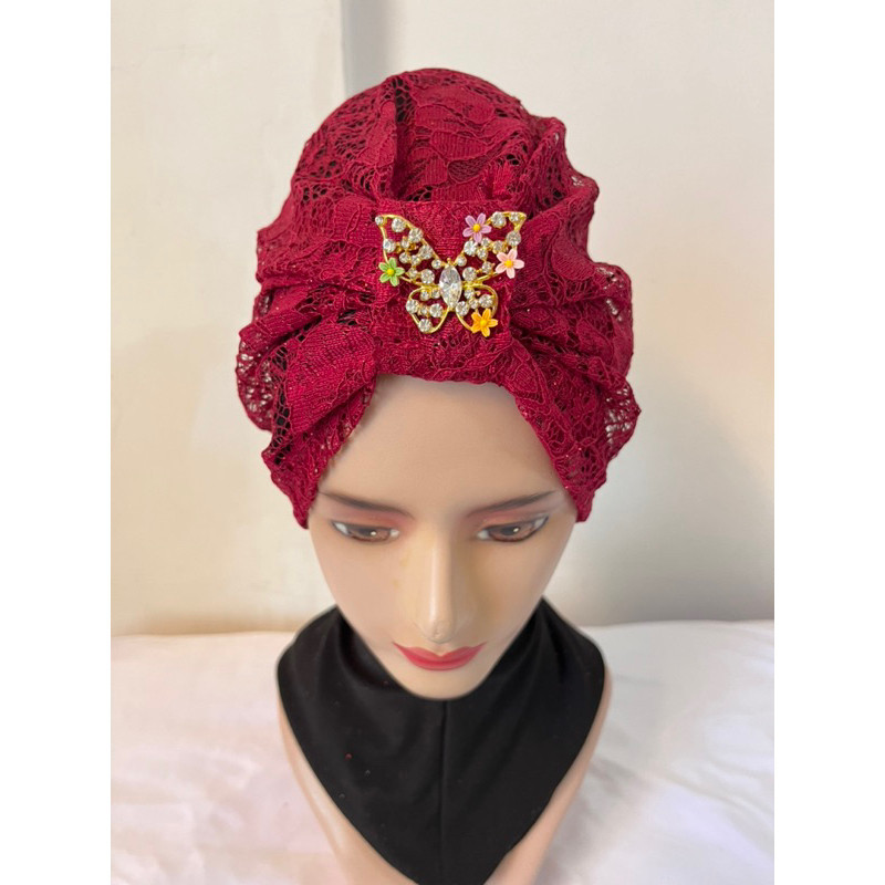 Terlaris ~Turban Pesta brukat kupu Turban Instan dewasa brukat Turban mewah Ciput turki premium Hija
