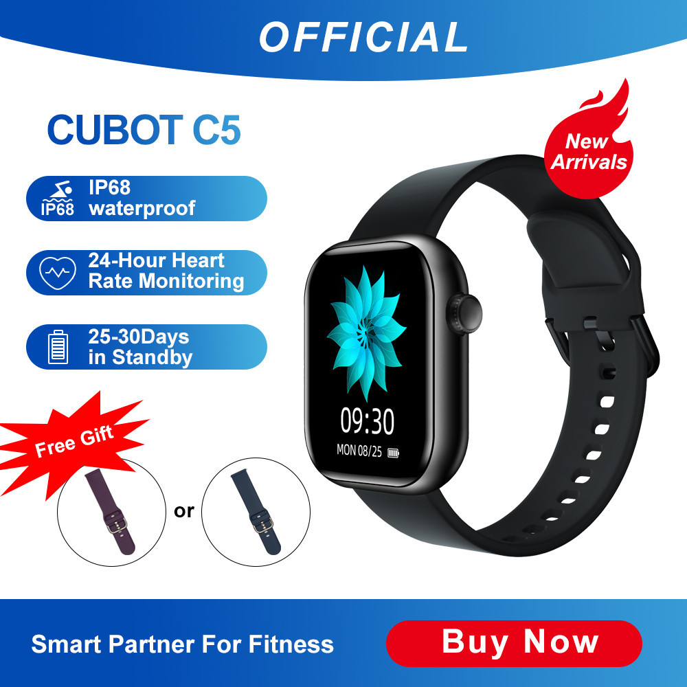 Jam Tangan Original Pria Cubot C5 5ATM Waterproof SmartWatch Heart Rate Calorie Monitor Touch Fitnes
