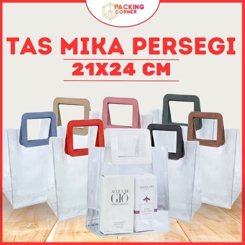 

Tas Mika PVC Transparan Handle Persegi Kulit 24x21cm 24 x 21 cm Leather Goodie Bag Kantong Souvenir Hampers Aksesoris Ulang Tahun Lebaran Aneka Warna Pegangan Premium