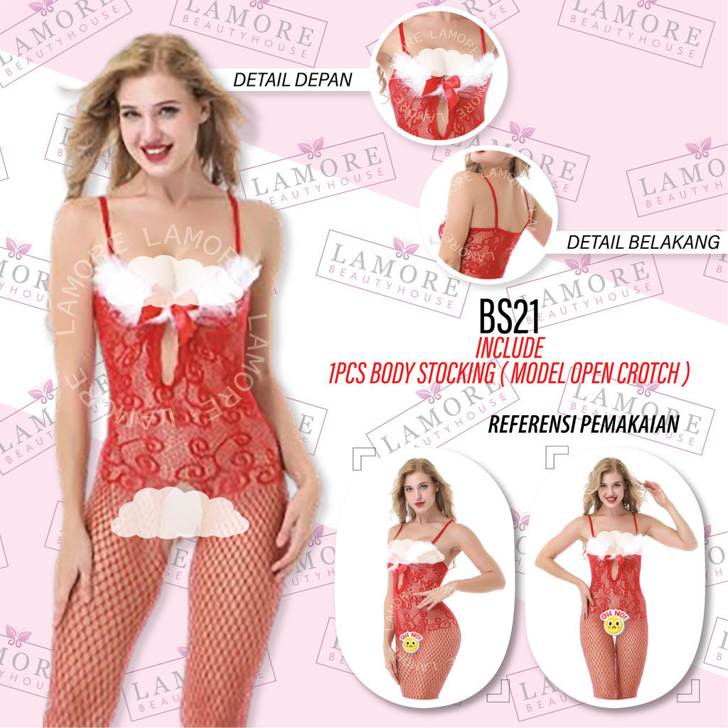 Lingerie Wanita Body Stocking Jaring Merah Christmas Edition Bs21