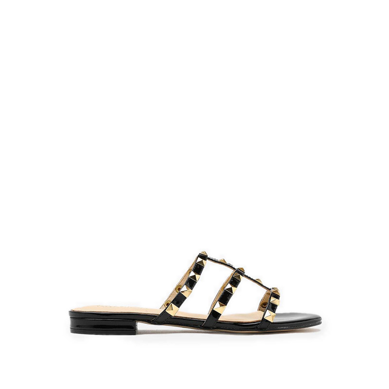 Pazzion Ingrid Gold Studded Cage Patent Leather Slides - Black