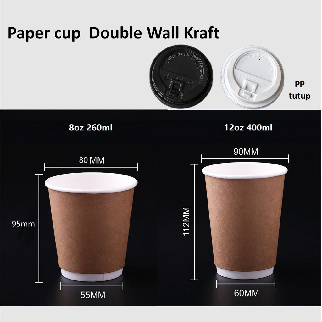 [50PCS]Papercup Double Wall Kraft 8oz 12oz + Tutup/ Gelas kertas kraf 8oz 12oz / Double Tebal Tahan 