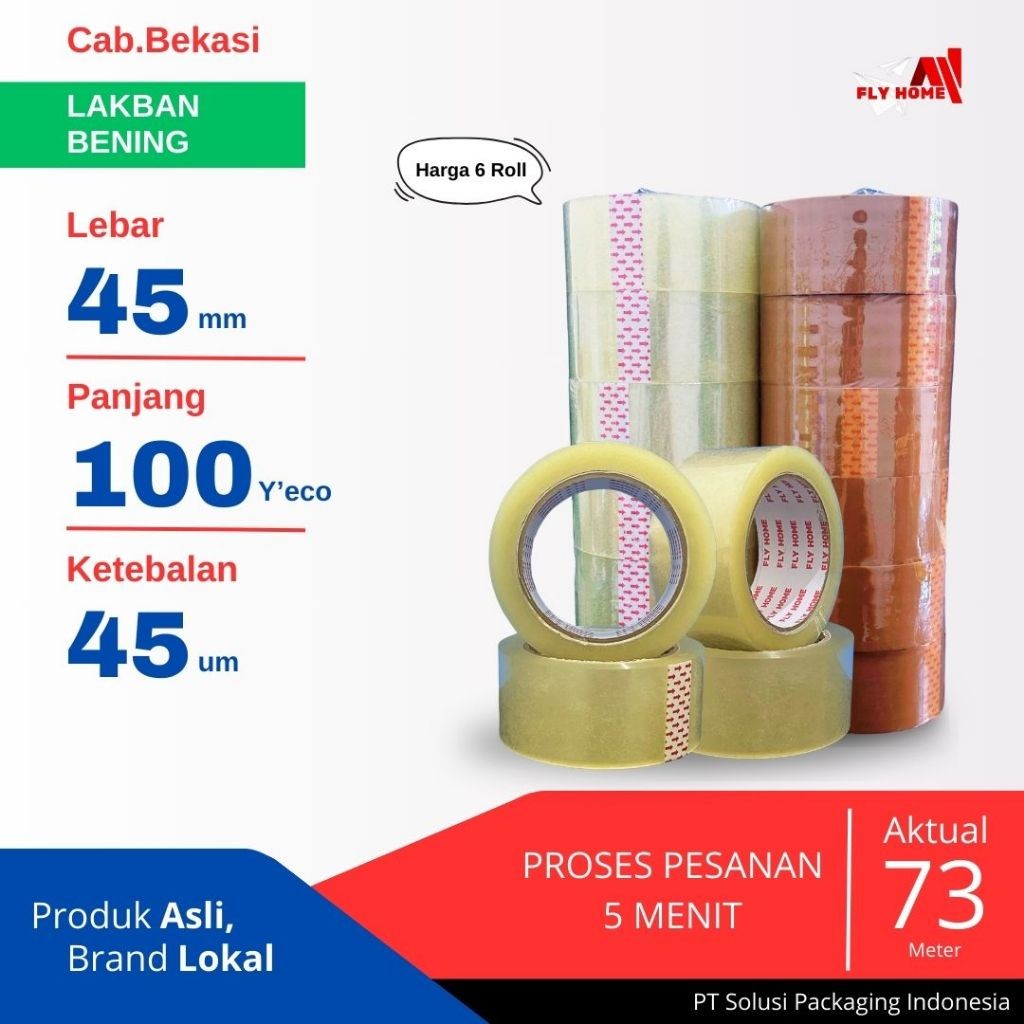 

FLYHOME 6Roll Lakban Bening 45x100Y 2inchi Solasi Uk Besar ECO 100 yard