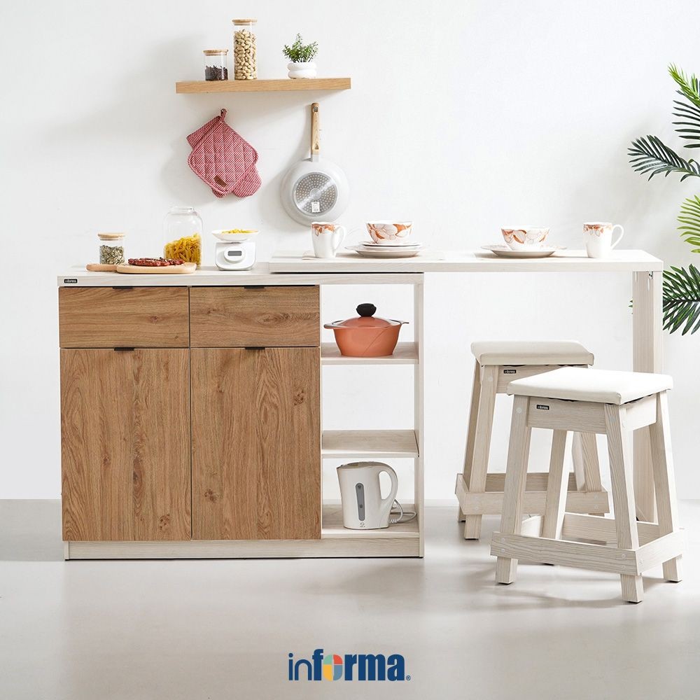 Informa Galyn Set Meja Dapur Dengan Bangku - Putih Kitchen Working Table Meja Masak Serbaguna Cookin