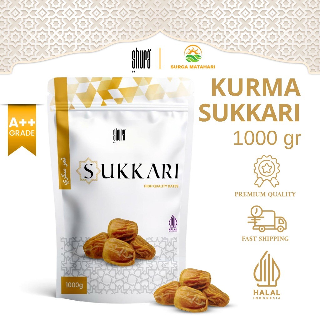 

Shura Kurma Sukari 1kg Kemasan Pouch Kurma Sukkari Raja 100% Asli Original
