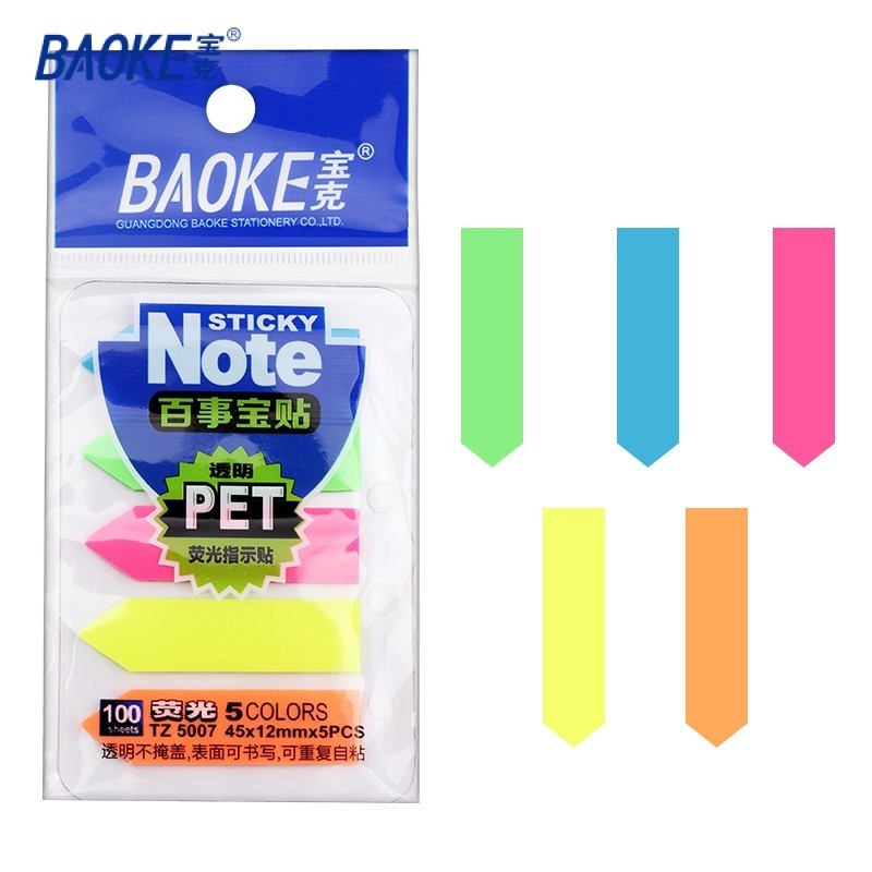 

BAOKE Memo Tempel Transparan Index Tab Plastik 45x12mm/5 × 20 sheets/5 Warna TZ5007