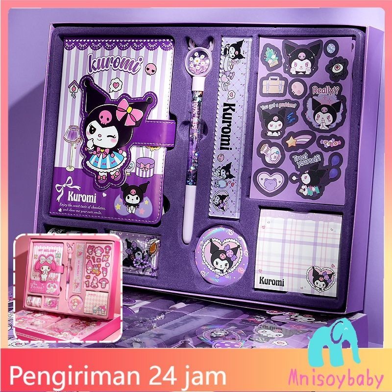 【COD】9 in 1 Paket Jurnal Set Cute Girl Sanrio Melody Kuromi Stiker Alat Buku Tulis Lengkap Scrapbook