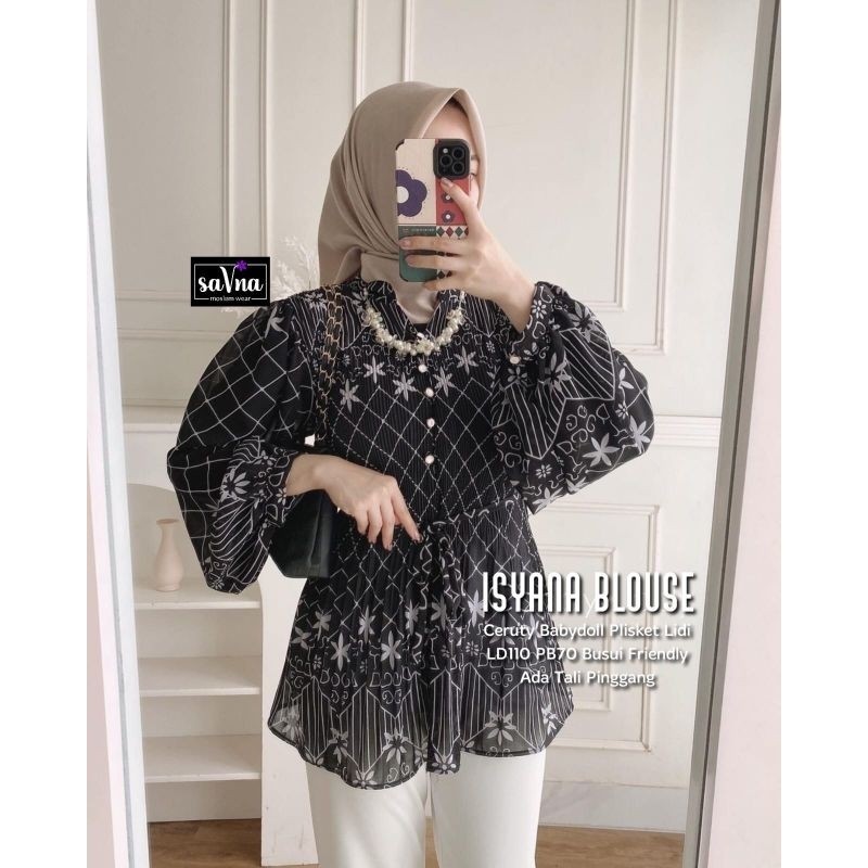 Isyana blouse cream Atasan pakaian wanita terbaru tunik lengan balon kemeja blus baju motif blouse t