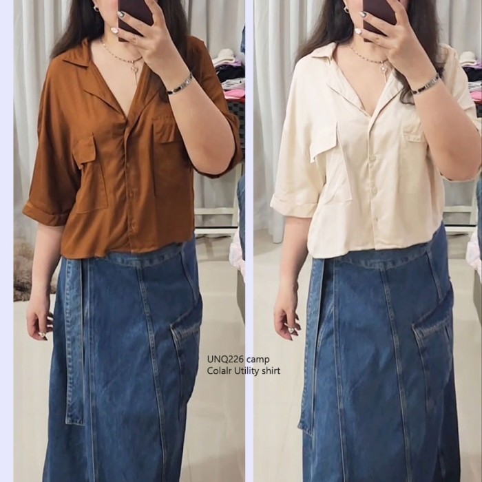 Terlaris ✨ -UNQ 226 CAMP COLLAR UTILITY SHIRT Baju Atasan Blouse Wanita Branded - NATURAL