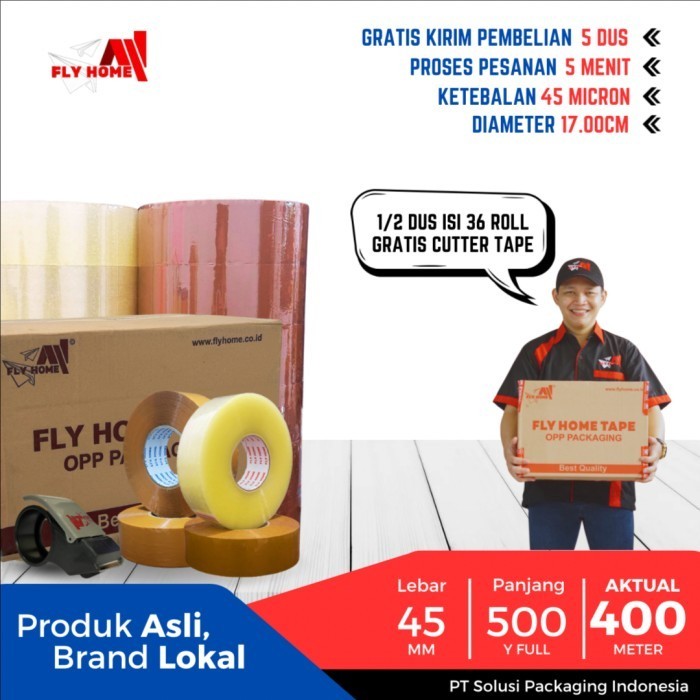 

FLYHOME Lakban bening coklat 45x500yard 15roll 2inchi ukuran FULL