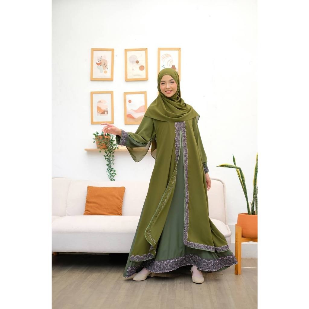 NOCHI - Kareem Dress Cardigan Set Syar`i Pashmina - Gamis Set Outer - Abaya  Wolfis Wanita