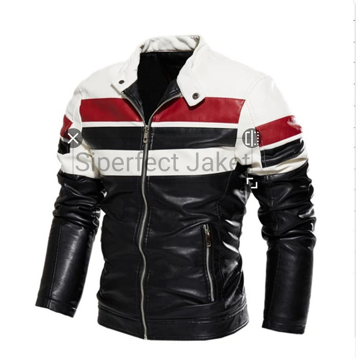 DISKON-Hoodie// Jaket pria semi kulit jaket touring jaket motor kombinasi jaket kulit - Putih-Hitam,