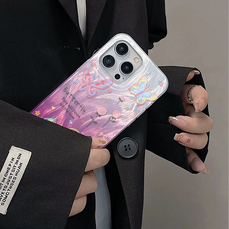 Premium Mewah hologram gleam hard Case Aesthetic casing hp IP 15 Pro max warna kupu-kupu bunga-bunga