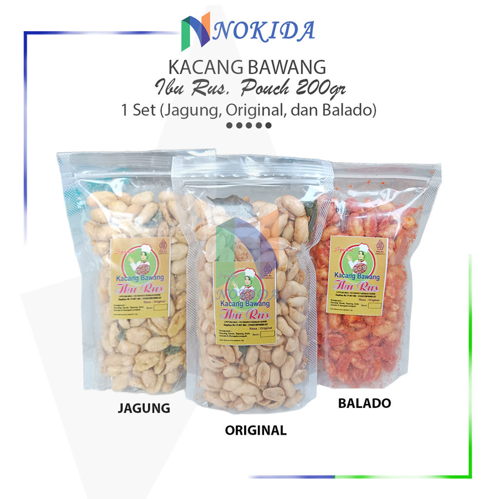 

Nokida Kacang Bawang Ibu Rus 1 Set [3 Rasa/200gr] / Kacang Goreng Original Balado Jagung / Cemilan Kering Gurih Asin Manis Pedas Pouch 200 Gram